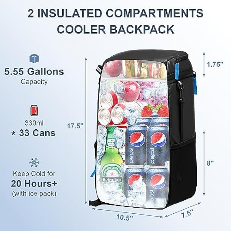 SPARTER Backpack Cooler Insulated Leak Proof 33/49 Cans, 2 Insulated Comaprtments Thermal Bag, Portable Lightweight Beach Travel Camping Lunch Backpack for Men and Women