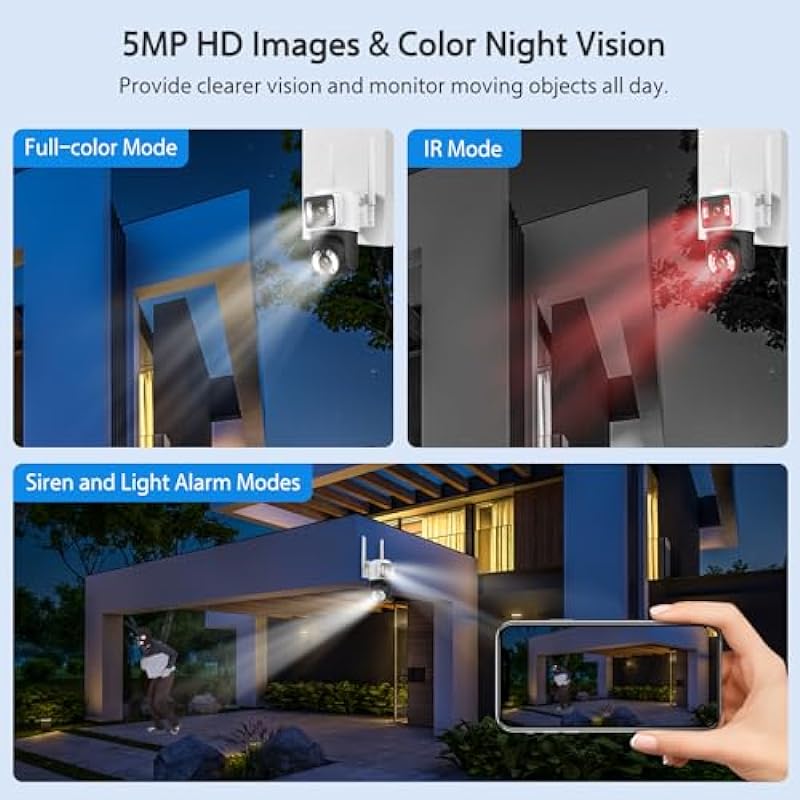 5MP Outdoor Security Camera Dual Lens, 2.4G/5G WiFi Cameras 360°PTZ Camera Surveillance Exterieur for Home Security with Siren/Dual Screen/Humanoid Tracking/Color Night Vision/2-Way Audio/Spotlight