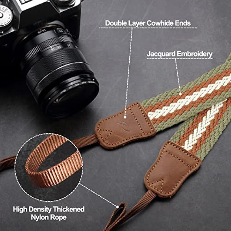 PADWA Stripes Camera Strap – 1.5″ Cowhide Head Shoulder Neck Strap,Vintage Woven Multi-color Camera Straps for Cameras and Binoculars,Cute Adjustable Thin Strap for Adults & Kids(Green Yellow White）