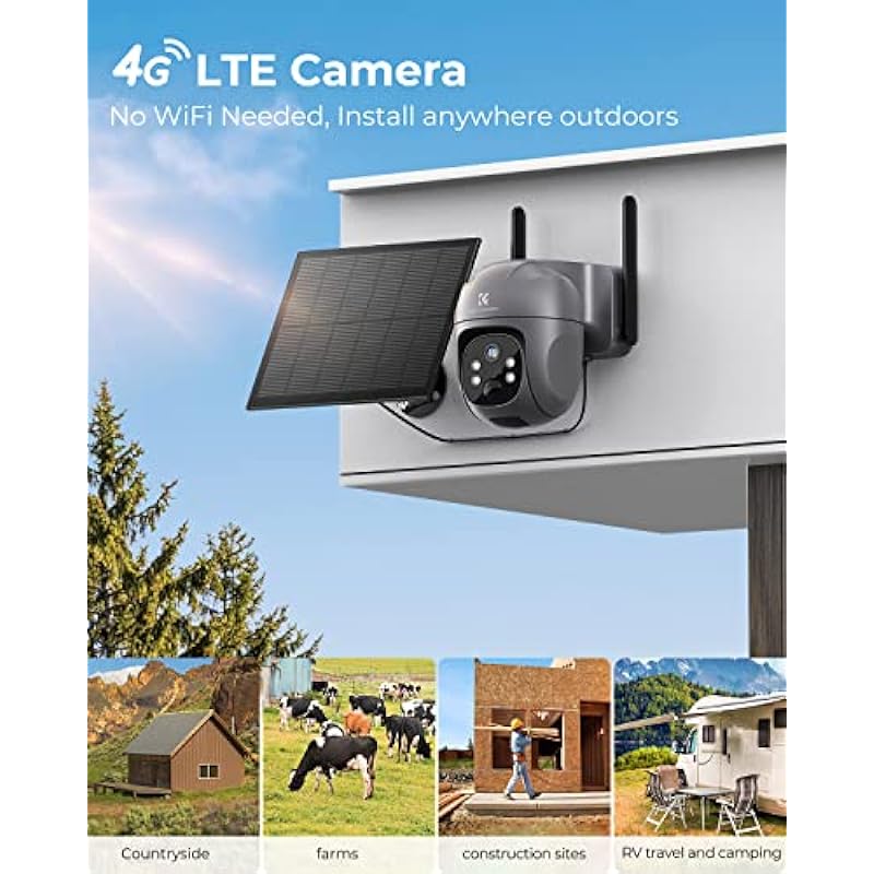 4G/3G LTE Cellular Security Camera Outdoor with SIM Card, K&F Concept 2.5K 4MP No WiFi Solar Security Cameras Wireless 360° PTZ Camera Surveillance Exterieur, PIR Motion Detection, 2-Way Talk