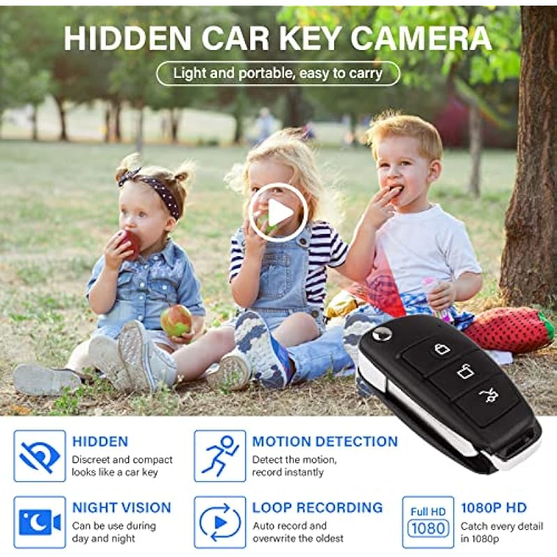 Hidden Camera Car Key, Spy Car Fob Camera, 1080P HD Portable Security Camera with Night Vision, Motion Detection, Loop Recording for Indoor/Outdoor Family Kid Elderly Safety up to 64GB, No WiFi