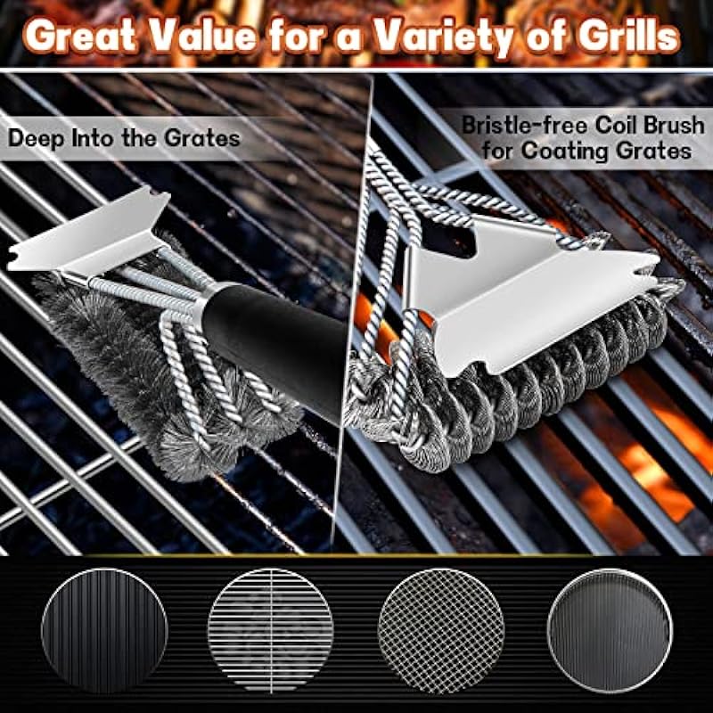 BBQ Brush, 17 Inch Grill BBQ Brush with Scraper, Stainless Steel Barbecue Brush Bristle Free BBQ Grill Cleaner, Suitable for Gas, Charcoal, Infrared & Barbecue Grill