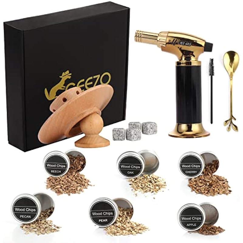 GEEZO Cocktail Smoker Kit with Torch,Six Flavors of Wood Smoker Chips Bourbon/Wiskey Drink Smoker Infuser,Bar Set, Birthday Gifts for him/Father/Husband/Father’s Day/Halloween/Christmas(NO Butane)