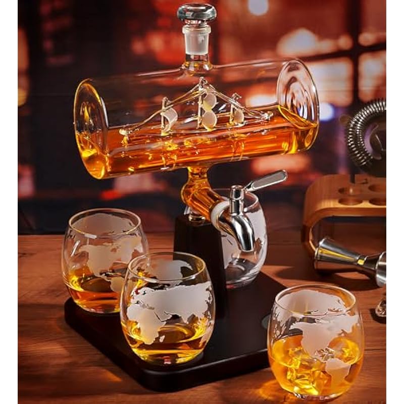 PONPUR Whiskey Decanter Set with Antique Ship, Bourbon Whiskey Gifts for Men Dad, 1000ml Ship Decanter with 4 Globe Glasses, Christmas Annversary Birthday Gifts for Him Husband, Mens Bday Gift