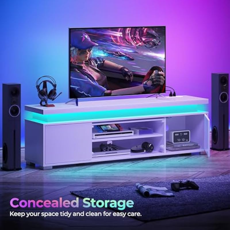 Rolanstar TV Stand with LED Lights & Power Outlet, Modern Entertainment Center for 32/43/50/55/65 Inchs TVs, Universal Gaming LED TV Media Stand with Storage Black & White (White)