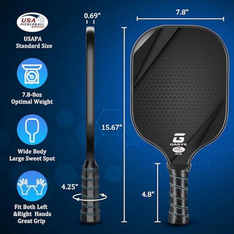 GARYE Pickleball Paddles Set of 2, USAPA Approved Carbon Fiber Pickleball Set, Lightweight Graphite Pickle Ball Rackets 2 Pack with 6 Balls, 1 Pickleball Bag, Pickle Ball Paddle Set