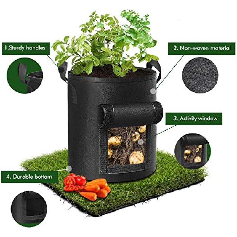 Cavisoo 5-Pack 10 Gallon Potato Grow Bags, Garden Planting Bag with Reinforced Handle, Thickened Nonwoven Fabric Pots for Tomato, Vegetable and Fruits