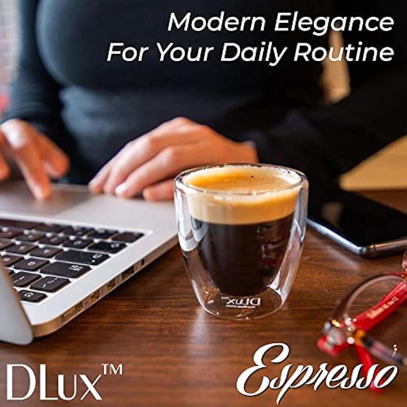 DLux Espresso Coffee Cups 80ml, Double Wall, Clear Glass Set of 2 3oz Glasses, Insulated Borosilicate Glassware Tea Cup Mug