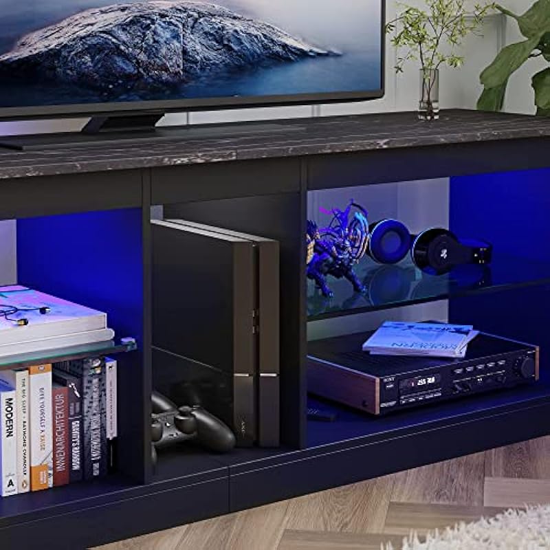 Bestier RGB TV Stand for 65+ Gaming Entertainment Center Gaming LED TV Media Console Table with 2 Glass Shelf PS Gaming TV Cabinet for Living Room, Black Marble