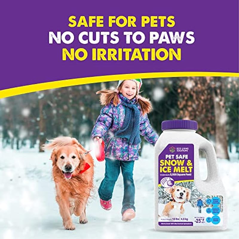 Pet Safe Snow & Ice Melt | Eco Living Solutions | Calcium Chloride | Works Under -25 °F | Safe for Concrete Driveway and Roof | Better Than Rock Salt | Safe for Kids and Pets (10 Lbs)