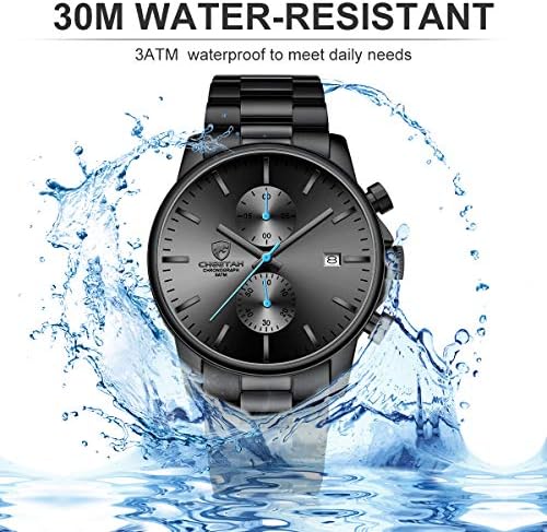 GOLDEN HOUR Men’s Watches with Black Stainless Steel and Metal Casual Waterproof Chronograph Quartz Watch, Auto Date in Colorful Hands
