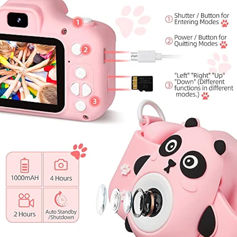 HOMYE Kids Camera Digital, Gifts for 3 4 5 6 7 8 9 10 Years Old Girls Boys, Selfie Kids Camera with 2.0 Inch Screen 1080P HD Camera 32GB SD Card, Pink