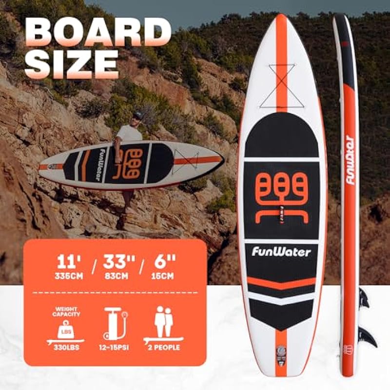 FunWater SUP Inflatable Stand Up Paddle Board 11’x33”x6” Ultra-Light Paddleboard with ISUP Accessories,Fins,Adjustable Paddle, Pump,Backpack, Leash, Waterproof Bag
