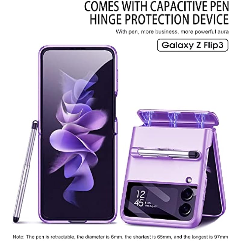 COCOING for Samsung Galaxy Z Flip 3 Case,with Stylus Fashion Business Phone case,with Hinge Protection Device and Camera Screen Protector,Case for Samsung Z Flip 3 5G（Purple）