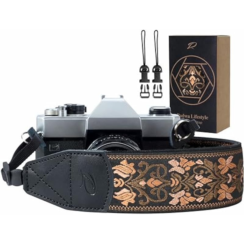 Padwa Lifestyle Camera Strap – 2″ Wide Vintage Jacquard Embroidery Flower Camera Straps with Genuine Leather Head,Complimentary 2 Pcs Quick Release Clips for All Cameras and Men & Women Photographers