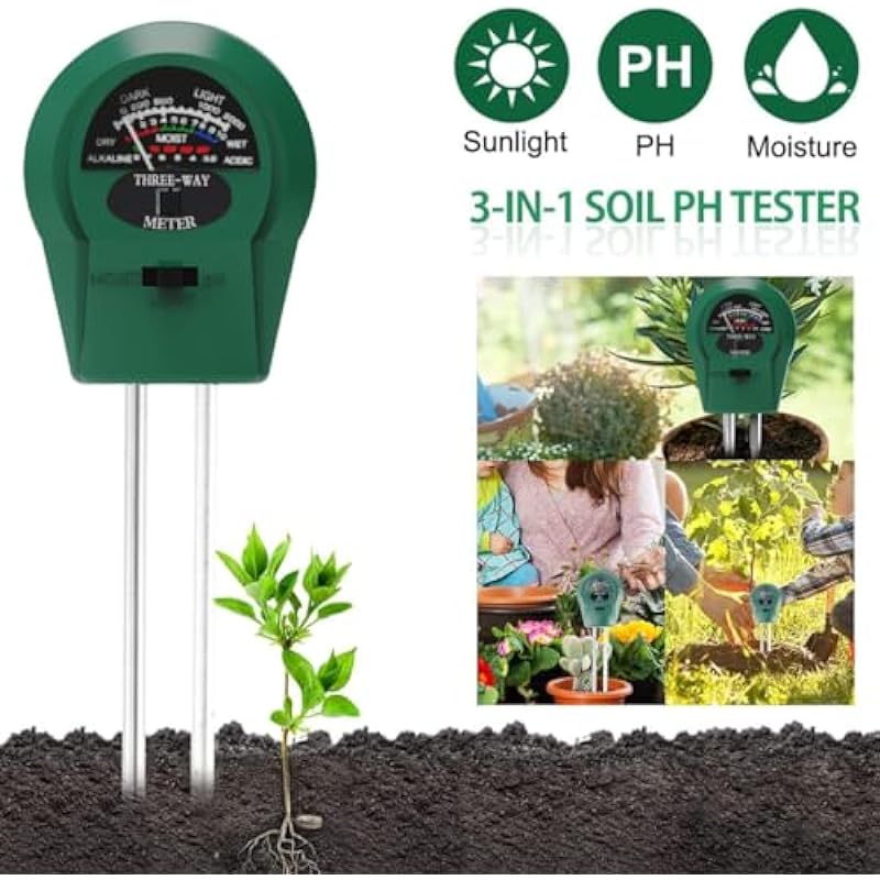3-in-1 Soil Tester, Soil Moisture Meter, Soil pH Tester, Soil Moisture/Light/pH Meter for Gardening, Lawn, Farming, Indoor & Outdoor Plants Use, No Batteries Required