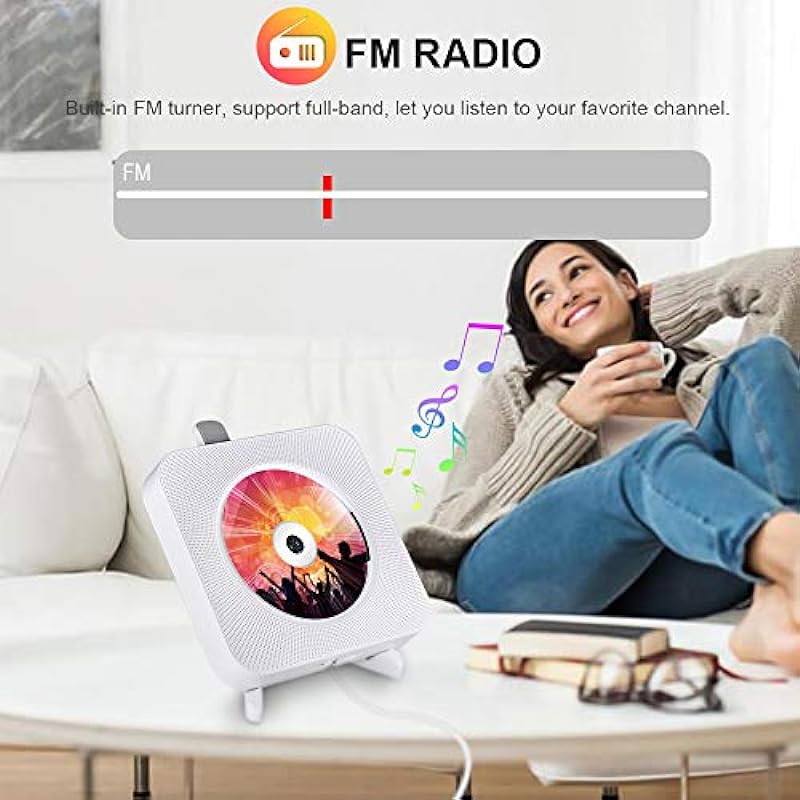 Portable CD Player with Bluetooth, Qoosea Wall Mountable CD Players Music Player Home Audio Boombox with Remote Control FM Radio Built-in HiFi Speakers LCD Display MP3 Headphone Jack AUX Input Output