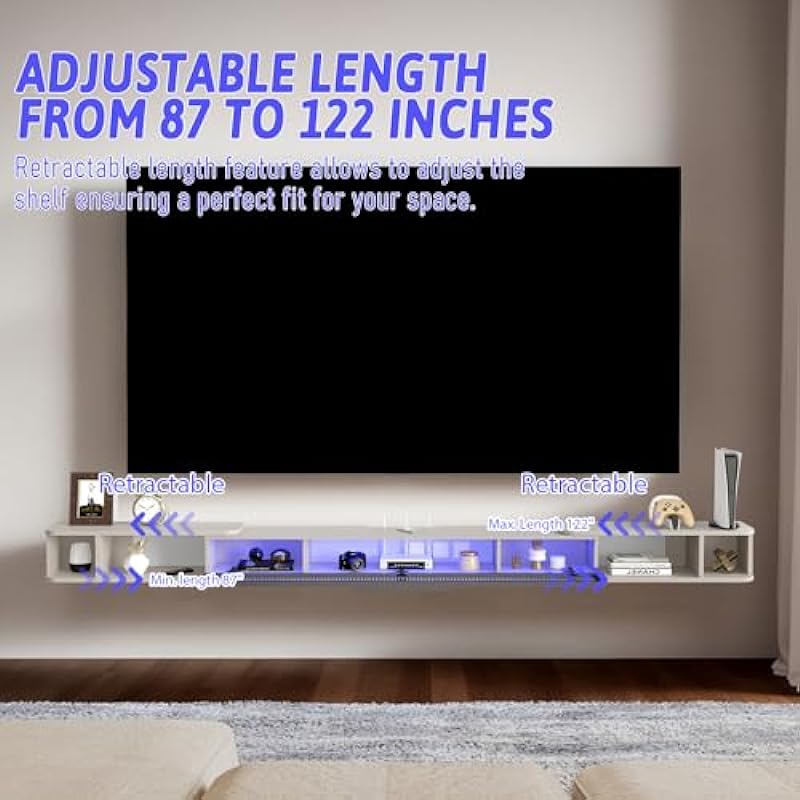 Pmnianhua Extendable Floating TV Stand with LED Lights,Adjustable Length 87” to 122” Floating Entertainment Center,Wall Mounted TV Console with Glass Door for Bedroom Living Room