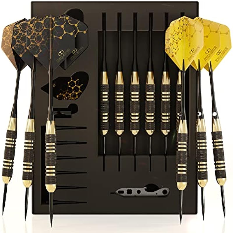 CC-Exquisite Professional Steel Tip Darts Set – 6 x 22g Brass Barrels with 12 Flights Standard/Slim, 12 Aluminum Shafts 35/48mm, 12 O-Rings, Dart Tool, Dart Sharpener and Case (Black & Gold)…