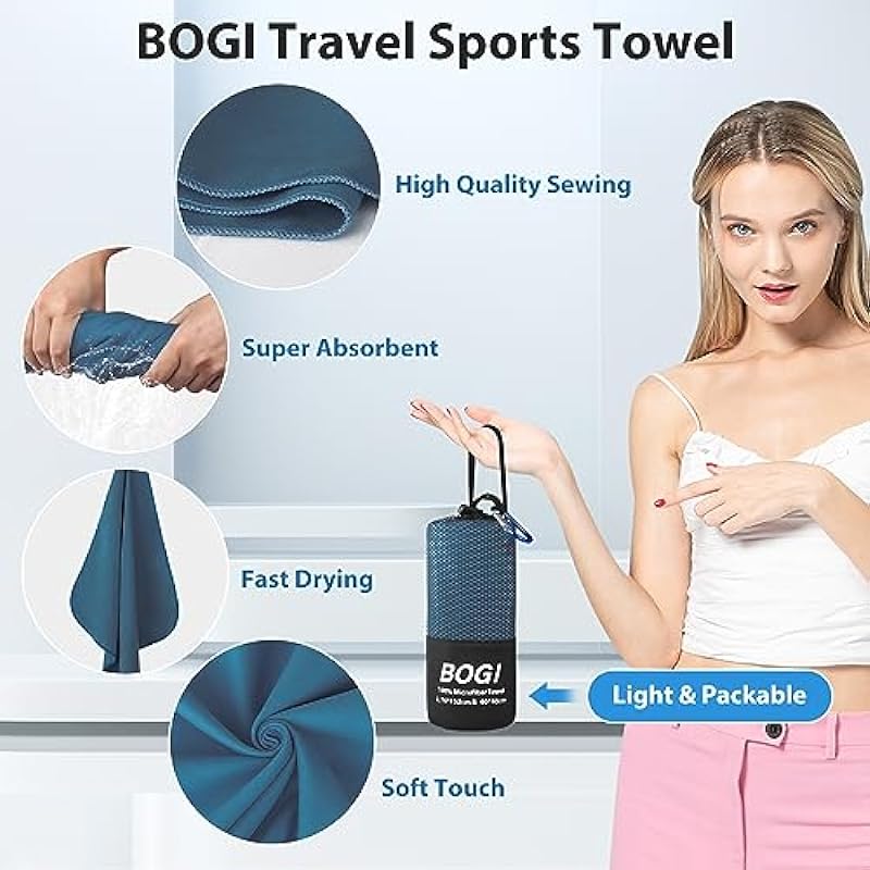 BOGI Microfiber Travel Sports Towel-Quick Dry Towel, Soft Lightweight Microfiber Camping Towel Absorbent Compact Travel Towel for Camping Gym Yoga Swimming Backpacking (L:60”x30”+16”x16”-Nblue)