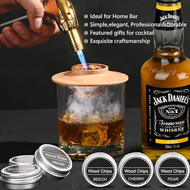 GEEZO Cocktail Smoker Kit with Torch,Six Flavors of Wood Smoker Chips Bourbon/Wiskey Drink Smoker Infuser,Bar Set, Birthday Gifts for him/Father/Husband/Father’s Day/Halloween/Christmas(NO Butane)