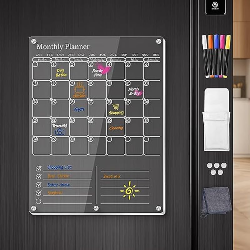 Magnetic Acrylic Calendar for Fridge,WONDAY Monthly 16″x12″ Dry Erase Board white board calendar Workout Board Meal Planner Magnetic includes 5 Wet Markers,Magnetic Pen Holder,Towel and 5 Anti-scraches Cover