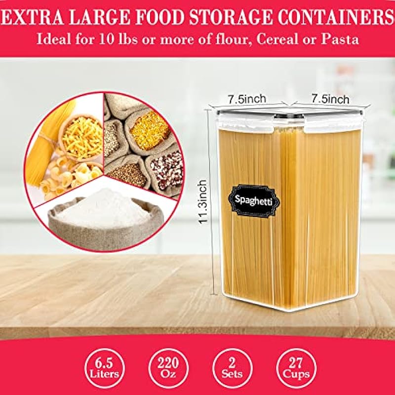 Extra Large Food Storage Containers with Lids-6.5L |220 OZ| 2PCS- CEKEE Large Airtight Plastic Food Canisters for Flour, Sugar, Rice, Cereal & Pasta, Bulk Food Storage for Kitchen Pantry Organization