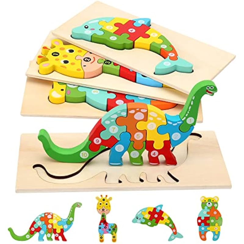 Wooden Puzzles for Toddlers 1-3 | Montessori Toys for Toddlers 2 Years Old | Puzzles for Kids 3-5 | Puzzles for Kids 4-8 Years Old | 4-Pack Toddler Puzzle Toddler Toys