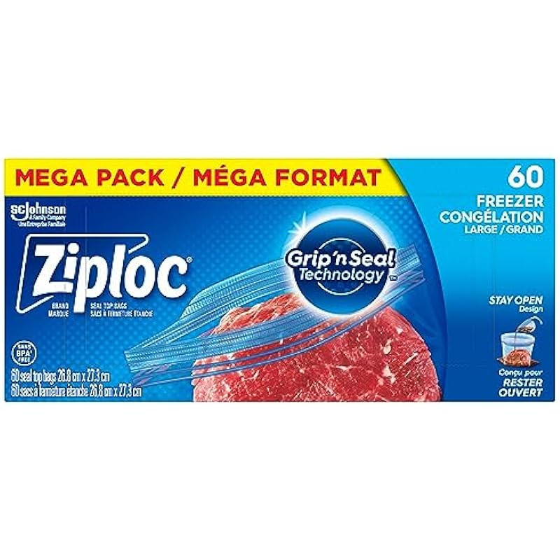 Ziploc Large Food Storage Freezer Bags, Grip ‘n Seal Technology for Easier Grip, Open and Close, 60 Count