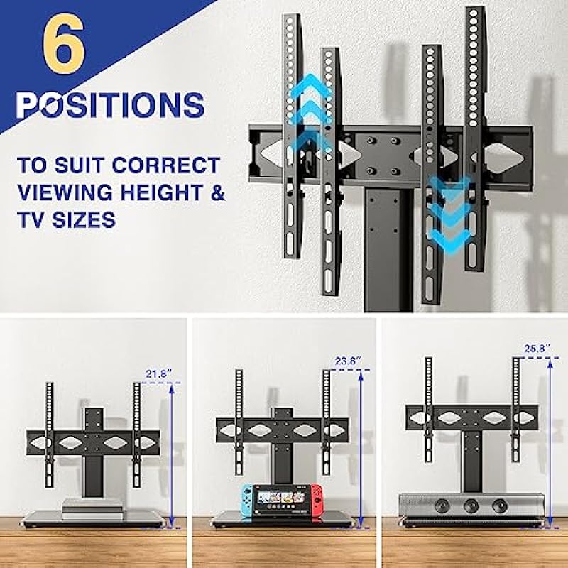 Rfiver Universal TV Stand, Table Top TV Stand for 27-60 inch LCD LED TVs, Height Adjustable TV Mount Stand with Tempered Glass Base for Home/Office, Holds up to 88 lbs, Max VESA 400 x 400mm
