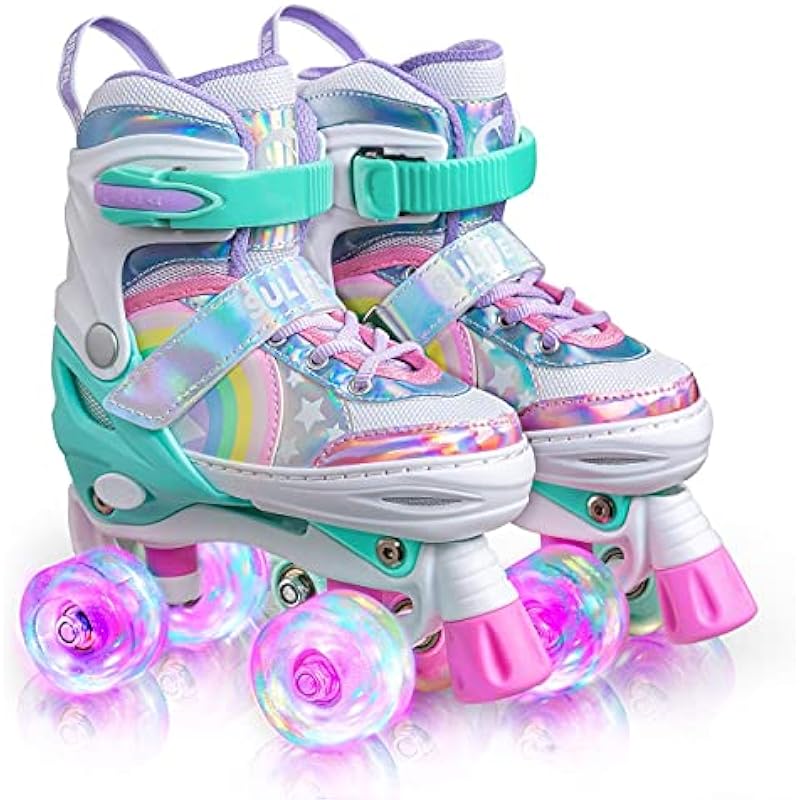 SULIFEEL Rainbow Unicorn 4 Size Adjustable Light up Roller Skates for Girls Boys and Kids