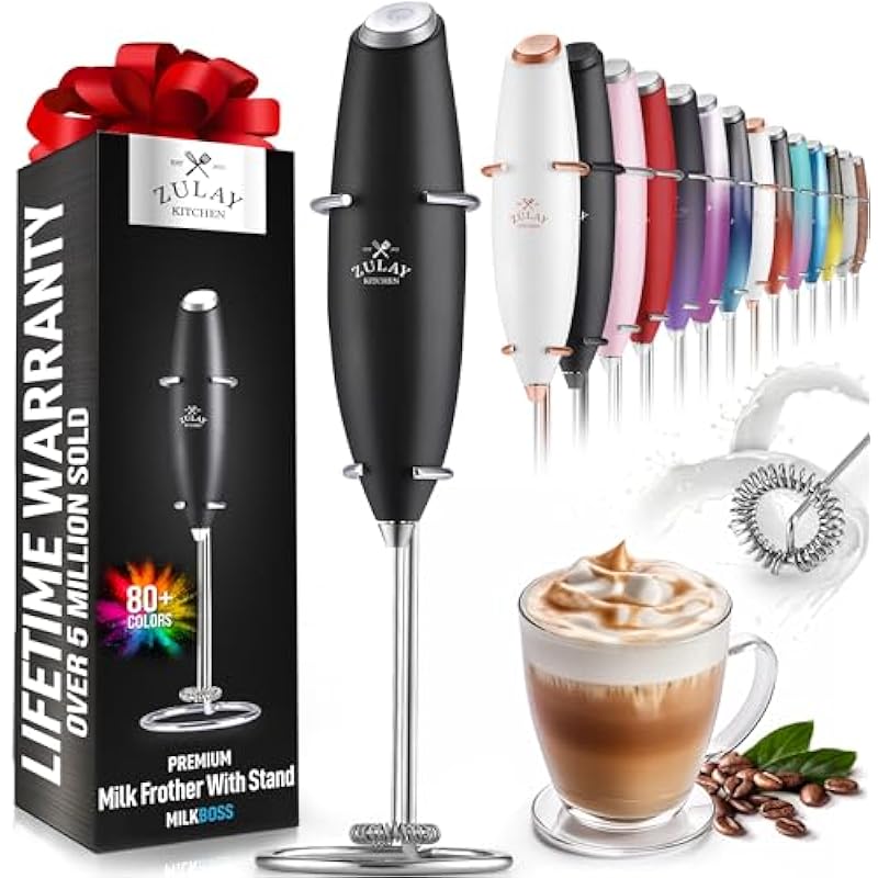 Zulay Powerful Milk Frother Handheld Foam Maker for Lattes – Whisk Drink Mixer for Coffee, Mini Foamer for Cappuccino, Frappe, Matcha, Hot Chocolate by Milk Boss (Black)