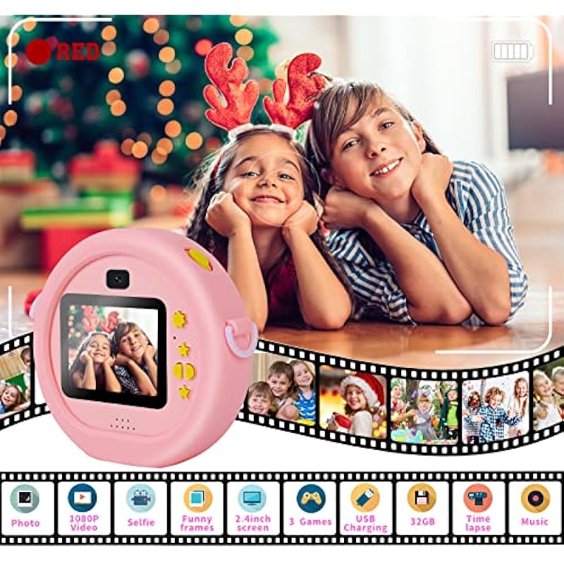 Hyperzoo Kids Camera for Children, Kids Camera Toys 1080P HD Digital Video Camera Christmas Birthday Gifts for Age 3 4 5 6 7 8 Year Old with 32GB SD Card & Silicone Cover (Pink)