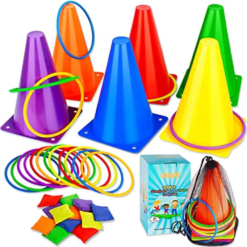 Eocolz 3 in 1 Carnival Games Set, Soft Plastic Cones Bean Bags Ring Toss Games for Kids Birthday Party Outdoor Games Supplies 32 Piece Combo Set