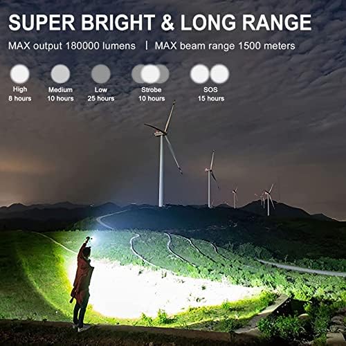 Rechargeable LED Flashlights, 180000 High Lumens Super Bright Flashlight, Tactical XHP90 Flashlight with 5 Modes, Zoomable, Military Grade Waterproof Flashlights for Emergencies, Camping