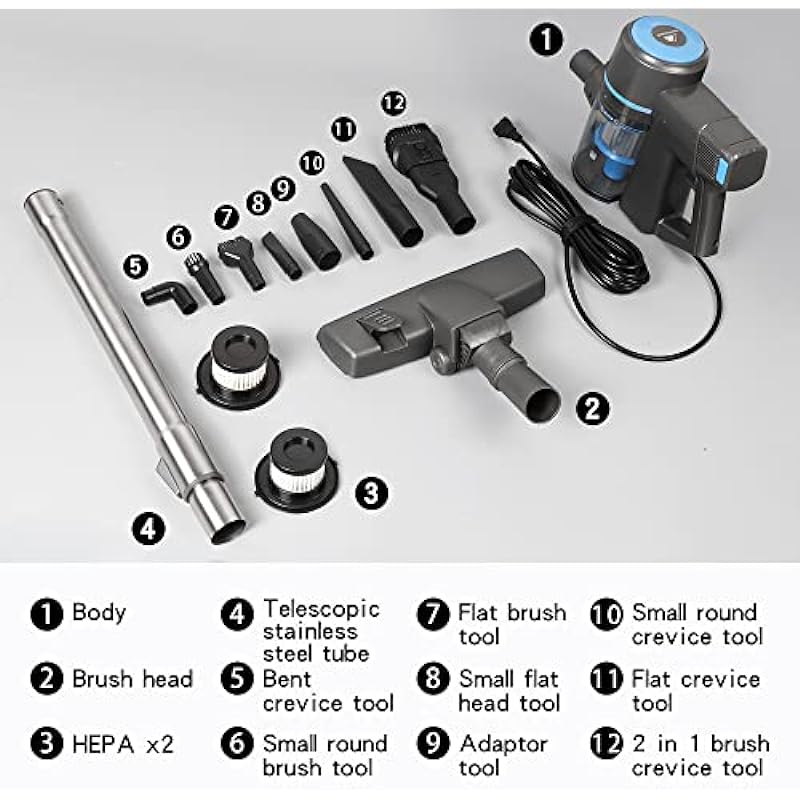 Intercleaner Corded Vacuum Cleaner, 17KPa Powerful Suction with 600W Motor, 10 in 1 Lightweight Bagless Stick Vac with Handheld, Ultra Quiet, for Hardwood Floor Carpet Car Pet Hair