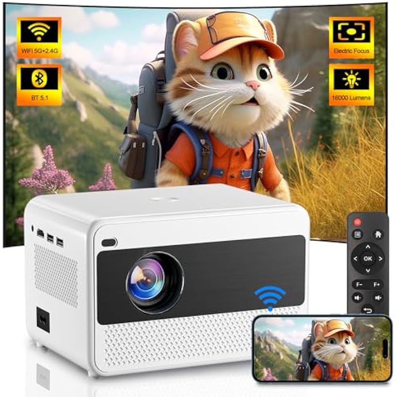 [Electric Focus] Projector with WiFi & Bluetooth, Native 1080P Mini Projector 16000 Lumens Home Theater Movie Portable Projector, 50% Zoom, Compatible with iOS/Android/TV Stick/HD/USB Indoor & Outdoor