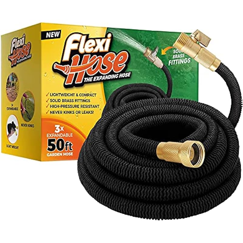 Flexi Hose Upgraded Expandable Garden Hose Extra Strength 3/4″ Solid Brass Fittings – The Ultimate No-Kink Flexible Water Hose (Black, 50 FT)