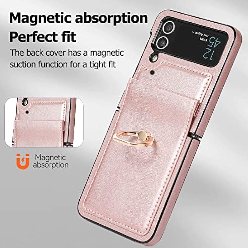 Phone Case for Samsung Galaxy Z Flip 4 5G 2021 Cover with Hinge Protection Ring Holder Stand Slim Shockproof Shell PU Leather Protective Cell Accessories ZFlip4 Z4 Flip4 4Z Flip4case Women Rose Gold