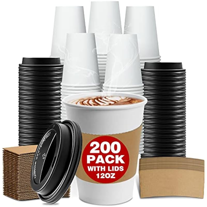 [200 Pack] 12 oz Thickened Disposable Paper Coffee Cups with Lids and Sleeves,to Go Cups for Hot & Cold Beverages Tea Hot Chocolate