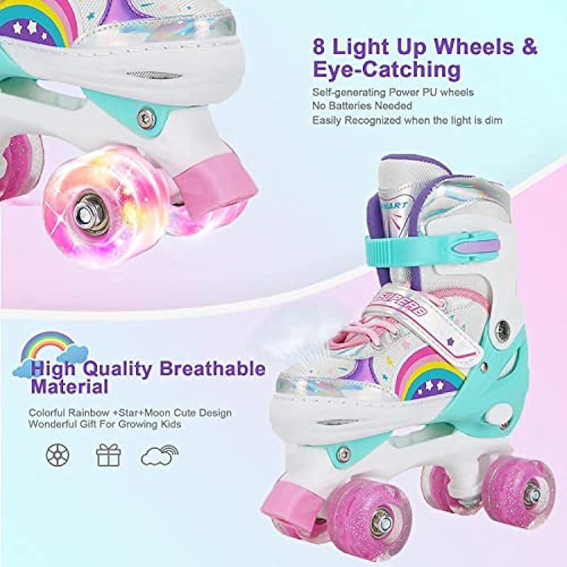 HXWY Rainbow Roller Skates for Girls Kids Children Youth Toddler Beginners, Adjustable 4 Sizes Roller Skates for Kids with All Light Up Wheels, Quad Skates for Outdoor Indoor Sports