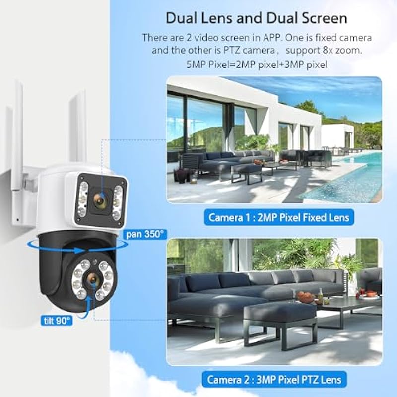 5MP Outdoor Security Camera Dual Lens, 2.4G/5G WiFi Cameras 360°PTZ Camera Surveillance Exterieur for Home Security with Siren/Dual Screen/Humanoid Tracking/Color Night Vision/2-Way Audio/Spotlight
