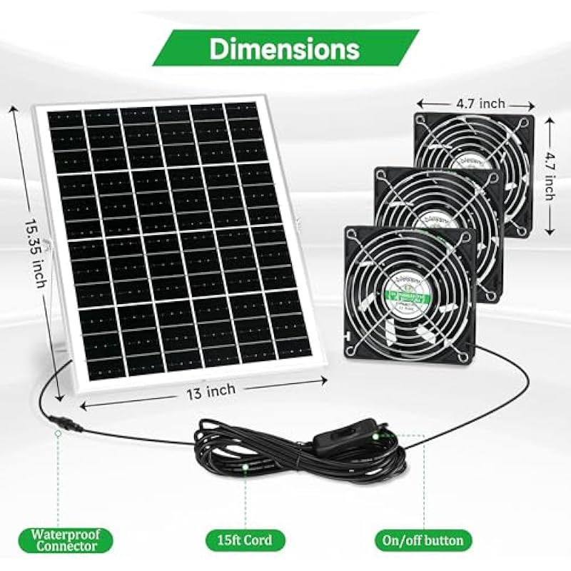 blessny Solar 3 Fan Kit for Intake or Exhaust air, 25W Solar Panel Powered Fan for Chicken Coop, Greenhouse, Outdoor Solar Fans with 15 ft Cord, IP67 Waterproof