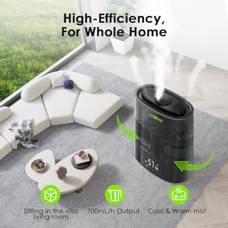 Oraimo Humidifiers for Bedroom Large Room, 6L Top Fill Cool and Warm Mist Humidifier, Max 700ml/H, Automatic Smart Humidifier Efficient, Essential Oil Diffuser, Quiet Sleep Mode, Timer, Remote Control