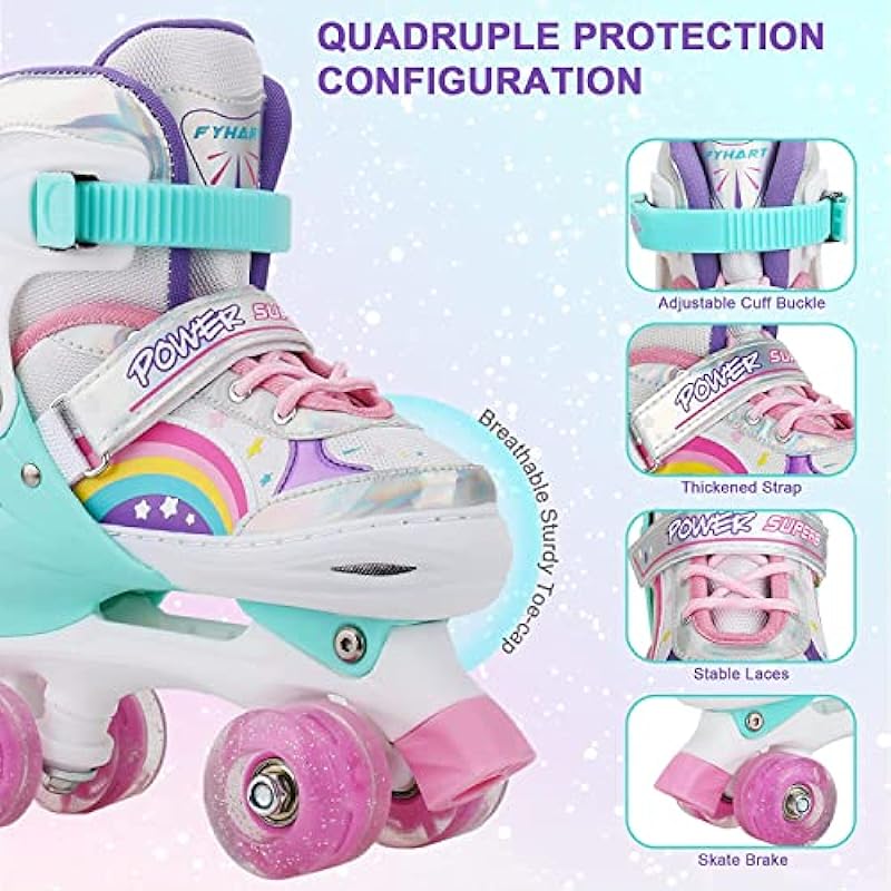 HXWY Rainbow Roller Skates for Girls Kids Children Youth Toddler Beginners, Adjustable 4 Sizes Roller Skates for Kids with All Light Up Wheels, Quad Skates for Outdoor Indoor Sports