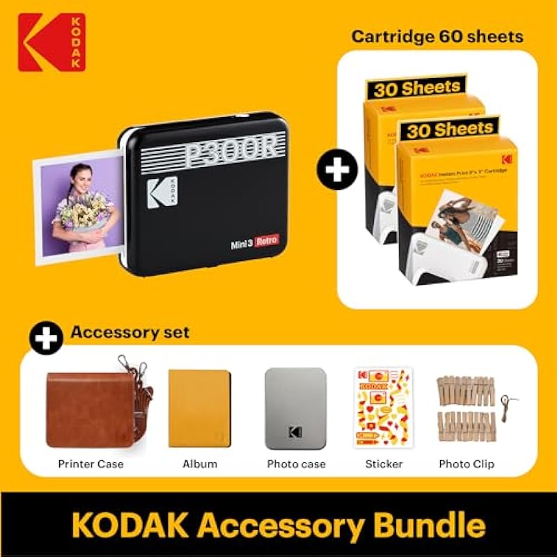 KODAK Mini 3 Retro 4PASS Portable Photo Printer (3×3 inches) + 68 Sheets Gift Bundle, Black