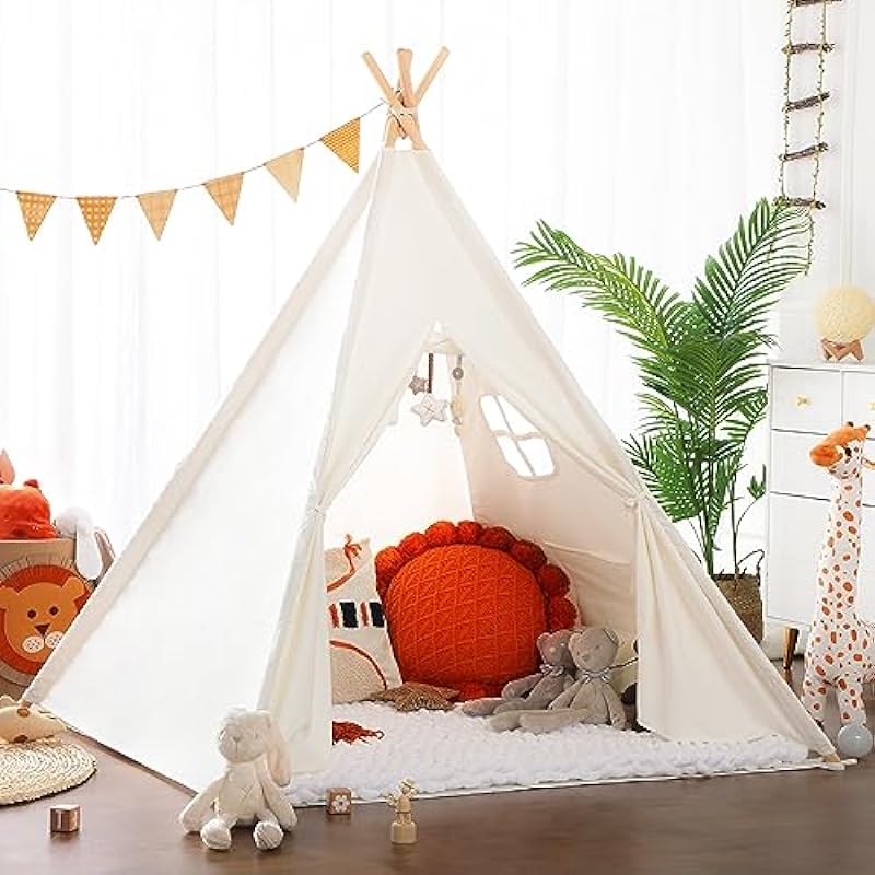 Monobeach Teepee Tent for Kids Foldable Children Play Tent for Girl and Boy with Carry Case 4 Poles White Canvas Playhouse Toy for Indoor and Outdoor Games (White)