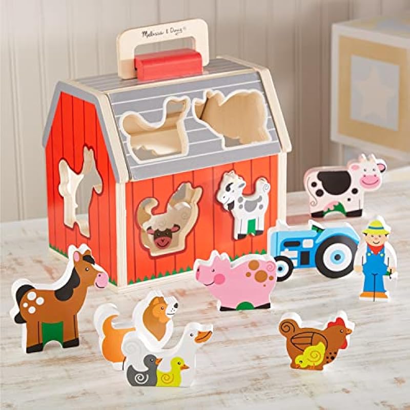 Melissa & Doug Wooden Take-Along Sorting Barn Toy with Flip-Up Roof and Handle, 10 Wooden Farm Play Pieces – Farm Toys, Shape Sorting And Stacking Learning Toys For Toddlers And Kids Ages 2+