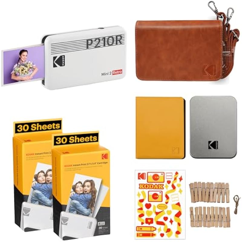 KODAK Mini 2 Retro 4PASS Portable Photo Printer (2.1×3.4 inches) + 68 Sheets Gift Bundle, White