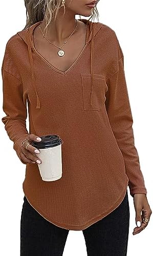 RIROW Womens Tops Long Sleeve Waffle Hoodies Drawstring Sweatshirt 2023 New S-3XL